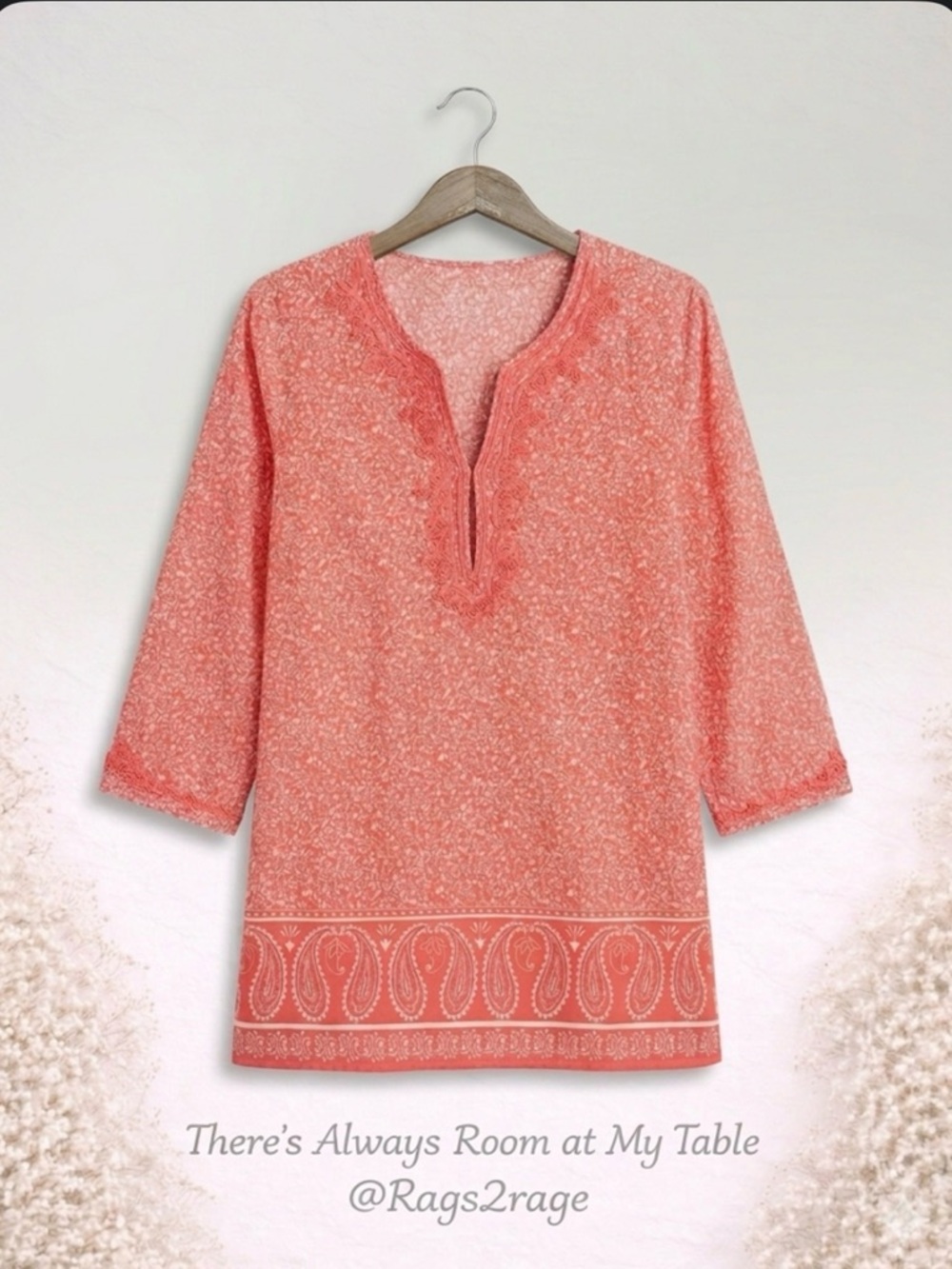 Coral Floral Paisley Boho Tunic Top Cotton Medium